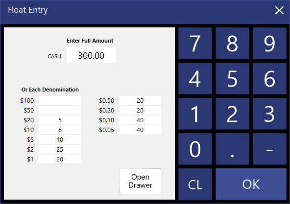 Float Count Entry/Starting Bank Entry