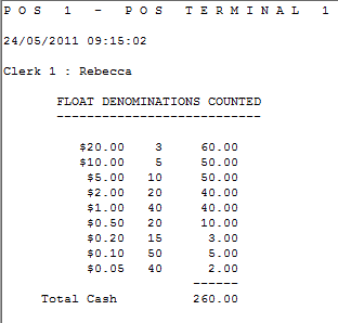 Float Count Entry/Starting Bank Entry